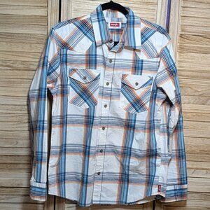 Wrangler Shirt Cream/Blue/Orange Plaid Button Down Size Medium